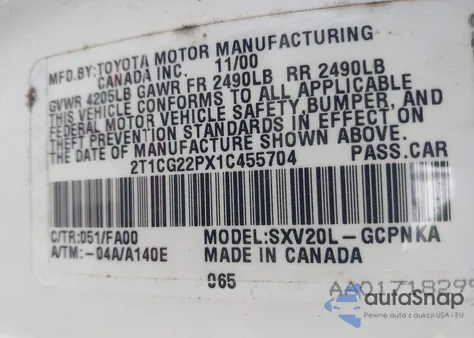 2001 Toyota Camry Solara Se z USA, uszkodzony, nr VIN 2T1CG22PX1C455704